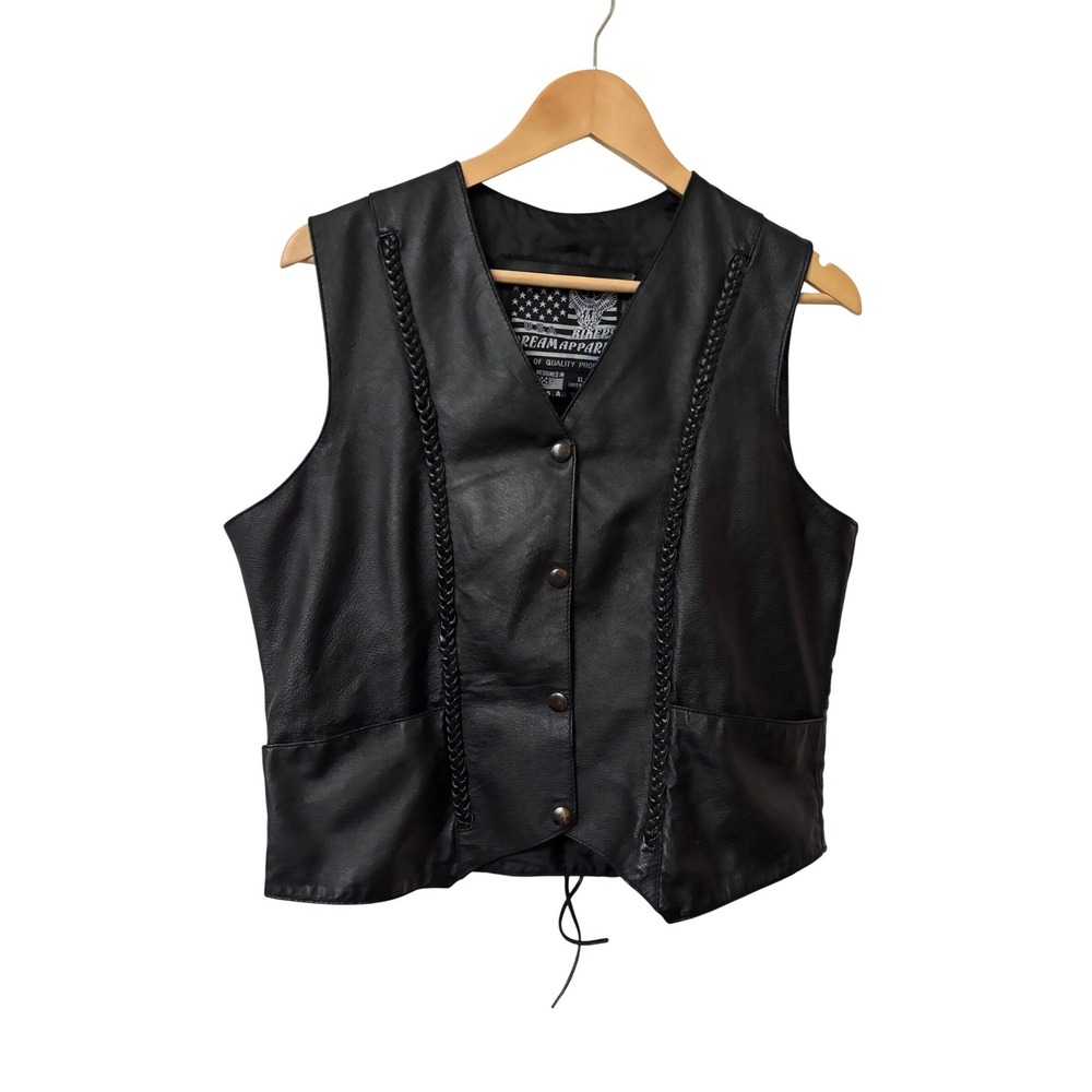 Dream Apparel USA Bikers Black Leather Vest Braided Lace Up Back Womens XL‎
